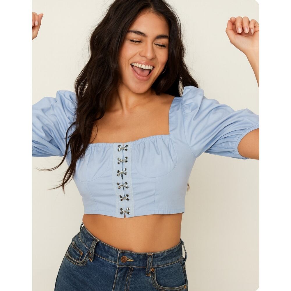 Nasty Gal Come Hither Balloon Sleeve Eye Hook Crop Top Sz 4 Light Blue Feminine